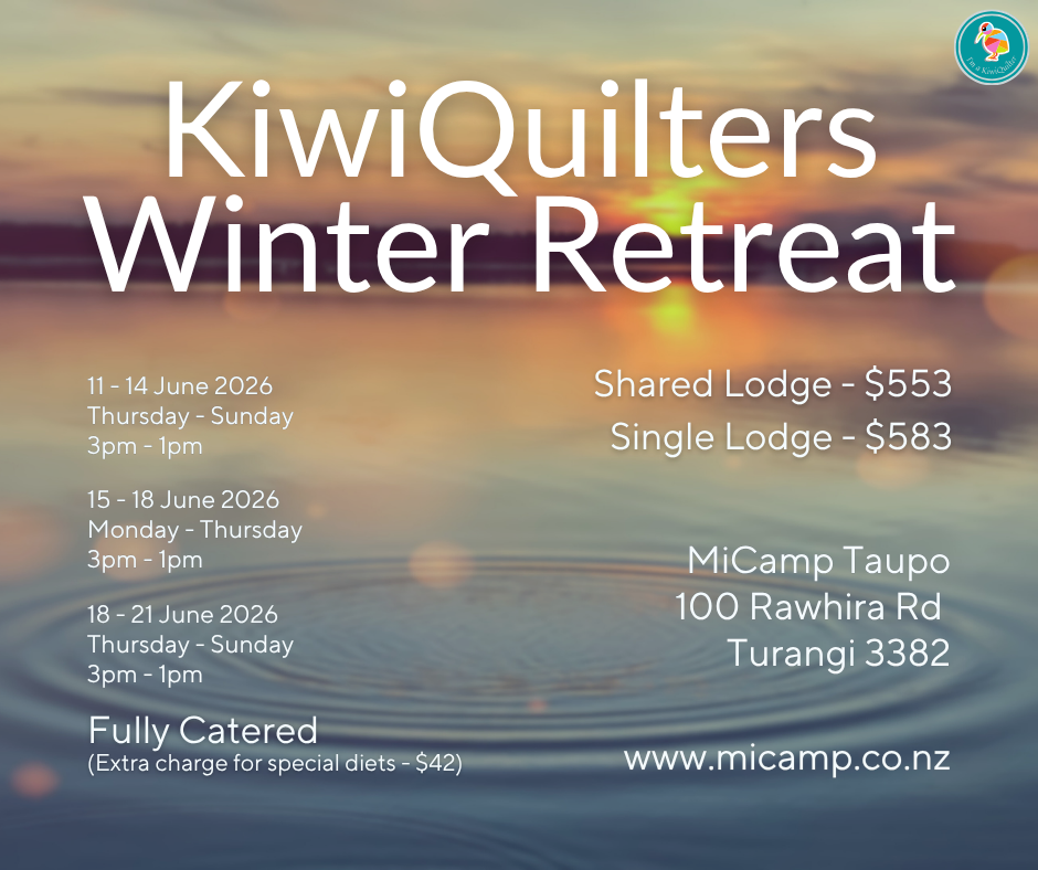 Poster for KiwiQuilters Retreat - MiCamp Taupo, June 2026